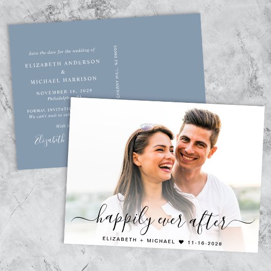 Chic Script Foto Overlay Dusty Blue Save the Date Ankündigungspostkarte