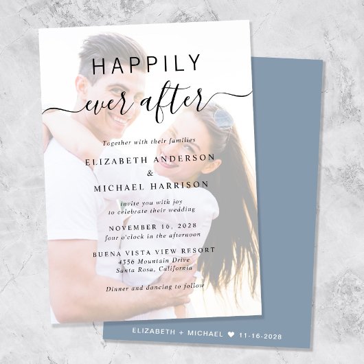 Chic Script Foto Overlay Dusty Blue Wedding Einladung