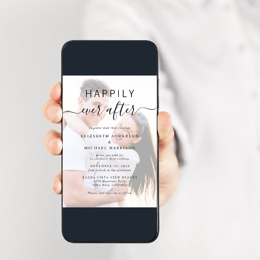 Chic Script Foto Overlay QR Code Cream Wedding Einladung