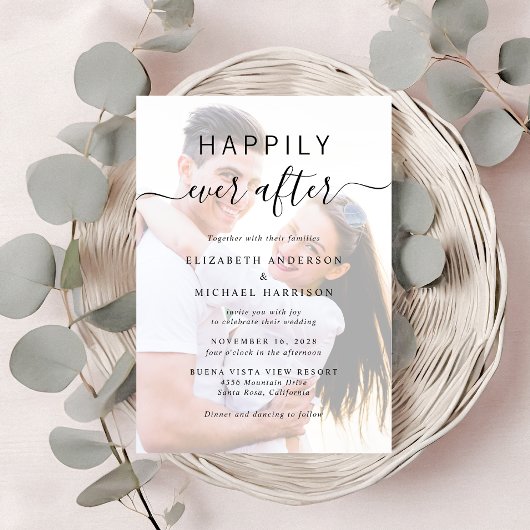 Chic Script Foto Overlay QR Code Cream Wedding Einladung