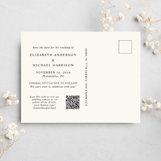 Chic Script Foto QR Code Cream Save the Date Ankündigungspostkarte