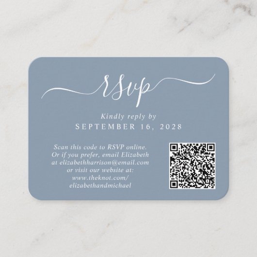 Chic Script Foto QR Code Dusty Blue Wedding RSVP Begleitkarte (Vorderseite)