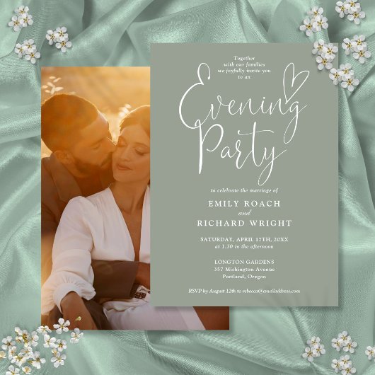 Chic Script Foto Sage Green Wedding Abend Party Einladung
