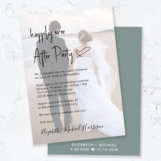 Chic Script Foto Sage Green Wedding Reception Einladung