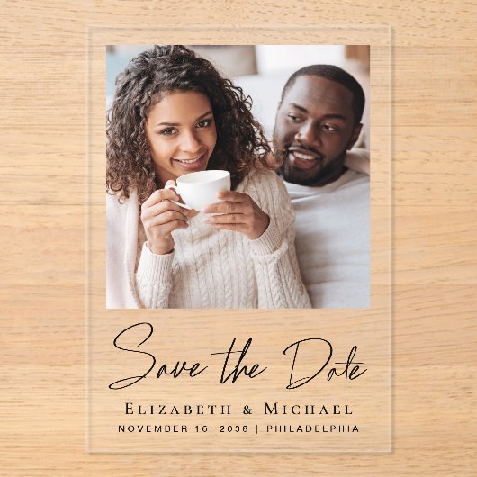 Chic Script-Foto Save the Date Acryleinladungen (Vorderseite)