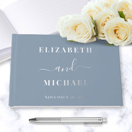 Chic Script Foto Silver Foil Dusty Blue Wedding Gästebuch