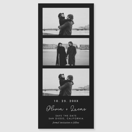 Chic Script Foto Strip Black Magnetic Wedding Magnetkarte (Vorderseite)