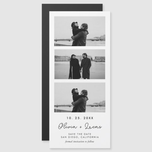 Chic Script Foto Strip Magnetic Wedding Magnetkarte (Vorne/Hinten)