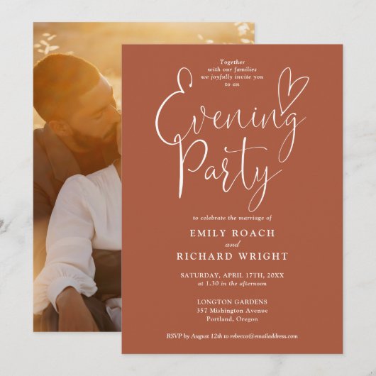 Chic Script Foto Terracotta Wedding Abend Party Einladung (Vorne/Hinten)