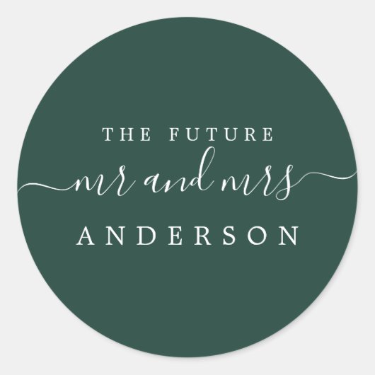 Chic Script Future Mr. Dark Green Wedding Runder Aufkleber (Vorderseite)