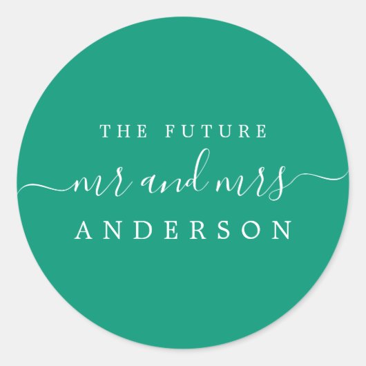 Chic Script Future Mr. Emerald Green Wedding Runder Aufkleber (Vorderseite)