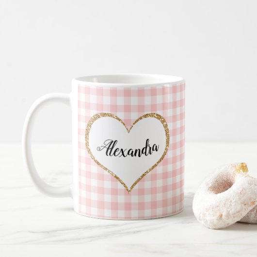 Chic Script Girly Pink White Gingham Individuelle Kaffeetasse (Mit Donut)