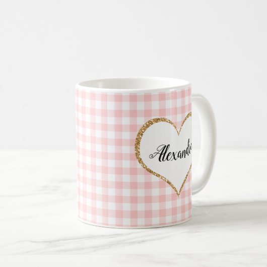 Chic Script Girly Pink White Gingham Individuelle Kaffeetasse (VorderseiteRechts)