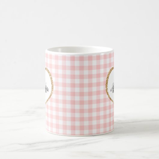 Chic Script Girly Pink White Gingham Individuelle Kaffeetasse (Mittel)