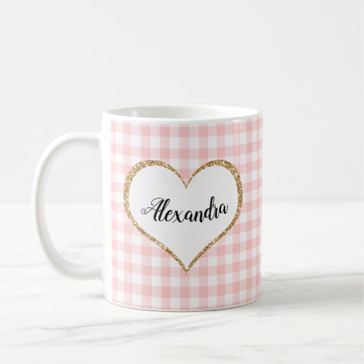 Chic Script Girly Pink White Gingham Individuelle  Kaffeetasse (Links)