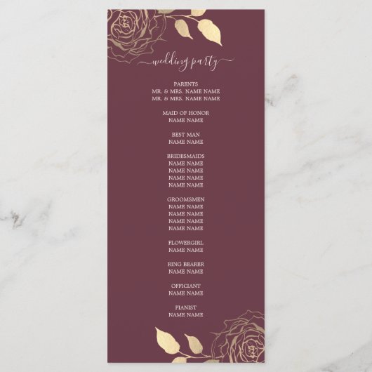 Chic Script Gold Floral Rose Burgundy Wedding Programm (Rückseite)