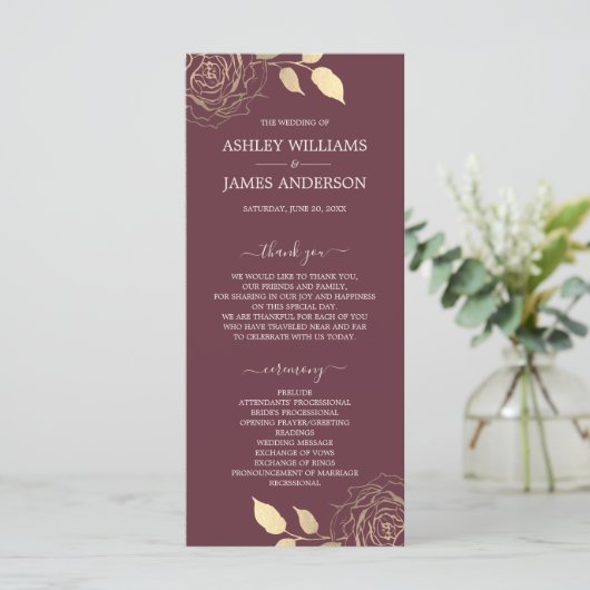 Chic Script Gold Floral Rose Burgundy Wedding Programm (Stehend Vorderseite)