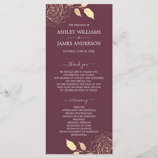 Chic Script Gold Floral Rose Burgundy Wedding Programm (Vorderseite)