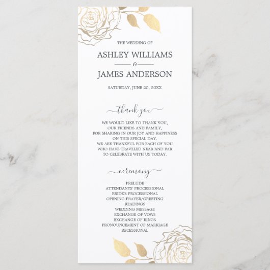 Chic Script Gold Floral Rose Einfache Hochzeit Programm (Vorderseite)