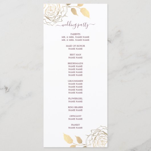 Chic Script Gold Floral Rose Einfache Hochzeit Programm (Rückseite)
