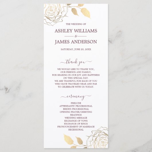 Chic Script Gold Floral Rose Einfache Hochzeit Programm (Vorderseite)