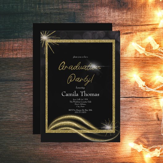 Chic Script Gold Glitter Abschlussfeier Einladung