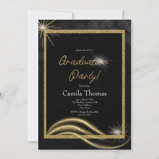 Chic Script Gold Glitzer Graduation Party Einladung (Vorderseite)