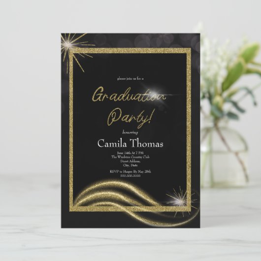 Chic Script Gold Glitzer Graduation Party Einladung (Stehend Vorderseite)