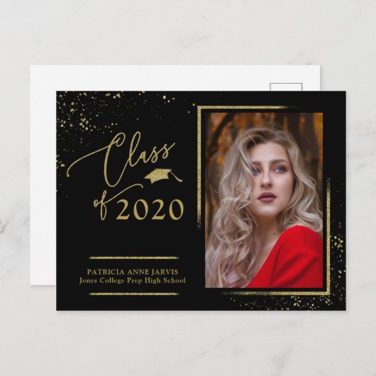 Chic Script Grad Ankündigung Festive Gold Glitzer Postkarte (Vorne/Hinten)