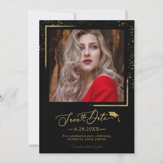 Chic Script Grad Party Save the Date Gold Glitzer Einladung (Vorderseite)