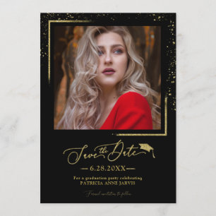 Chic Script Grad Party Save the Date Gold Glitzer Einladung