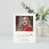 Chic Script Grad Party Save the Date Gold Glitzer Postkarte (Stehend Vorderseite)