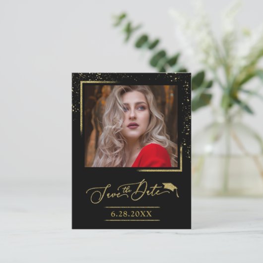 Chic Script Grad Party Save the Date Gold Glitzer Postkarte (Stehend Vorderseite)