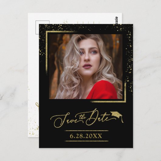 Chic Script Grad Party Save the Date Gold Glitzer Postkarte (Vorne/Hinten)