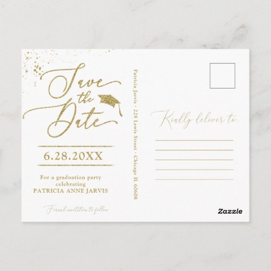 Chic Script Grad Party Save the Date Gold Glitzer Postkarte (Rückseite)