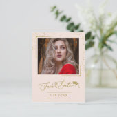 Chic Script Grad Party Save the Date Gold Glitzer Postkarte (Stehend Vorderseite)