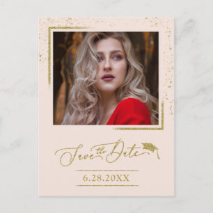 Chic Script Grad Party Save the Date Gold Glitzer Postkarte