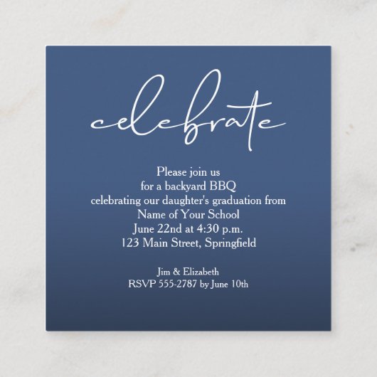 Chic Script Graduate Blue Party Begleitkarte (Rückseite)