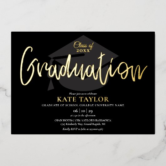 Chic Script Graduation Party Gold Foil Einladung (Vorderseite)