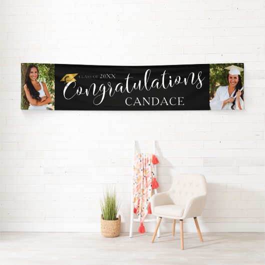 Chic Script GRATULATIONS Foto Abschluss Black Banner (Insitu)