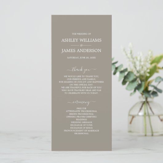 Chic Script Gray Einfache Minimal Hochzeit Programm (Stehend Vorderseite)