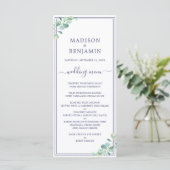 Chic Script Green Foliage Navy Blue Border Wedding Menükarte (Stehend Vorderseite)