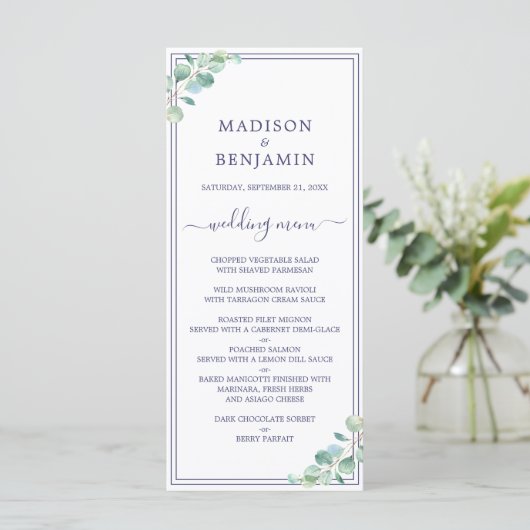 Chic Script Green Foliage Navy Blue Border Wedding Menükarte (Stehend Vorderseite)
