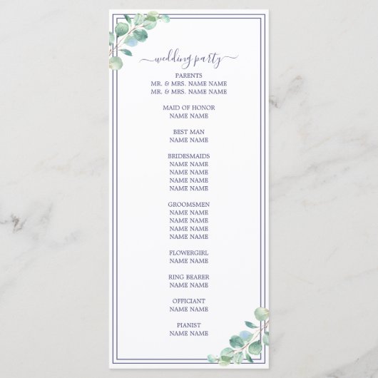 Chic Script Green Foliage Navy Blue Border Wedding Programm (Rückseite)