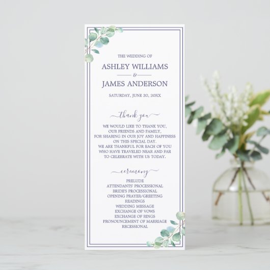 Chic Script Green Foliage Navy Blue Border Wedding Programm (Stehend Vorderseite)