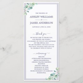 Chic Script Green Foliage Navy Blue Border Wedding Programm