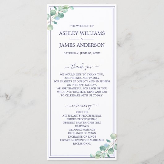 Chic Script Green Foliage Navy Blue Border Wedding Programm (Vorderseite)