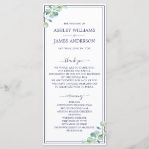 Chic Script Green Foliage Navy Blue Border Wedding Programm