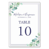 Chic Script Green Foliage Navy Blue Border Wedding Tischnummer (Rückseite)