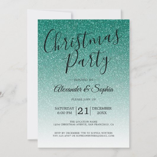 Chic Script Green Glitzer Ombre Party Einladung (Vorderseite)